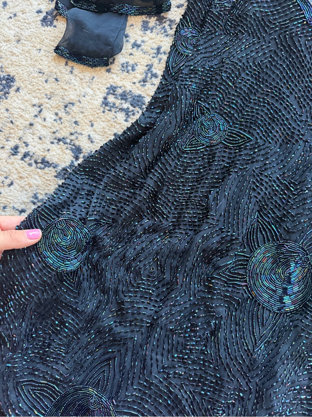 Vintage Holt Renfrew Silk Beaded Navy Dress with Scarf BLACKTIE OLEG CASSINI - Picture 8 of 10